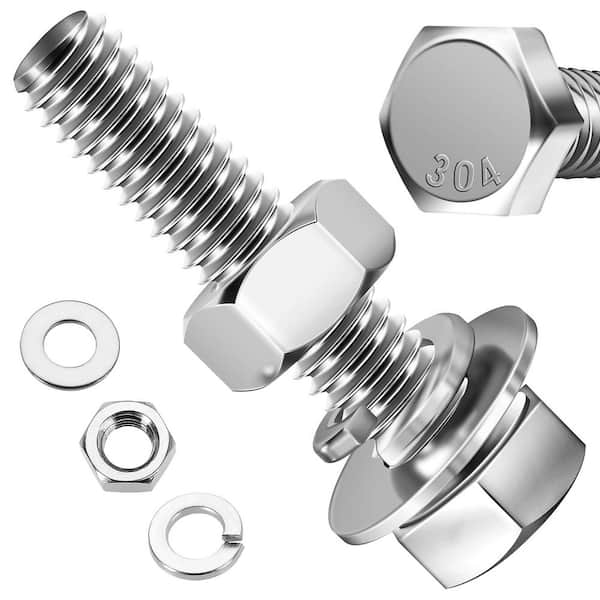 3/8 in.-16 x 1-3/4 in. Stainless Steel Uncoated Hex Bolt with Nut, Washer and Lock Washer (6-Pack)