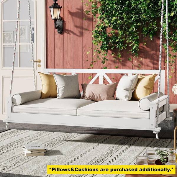 Twin Size Swing Bed 2-Person White Acacia Wood Porch Swing Hanging Bed Frame with Ropes and Safe Sloped Design