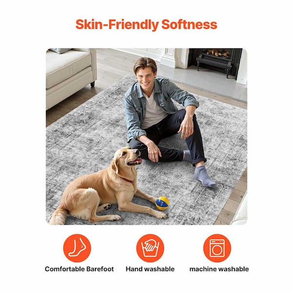 SKYSHALO 9 ft.x 12 ft. Gray, Large Washable Boho Rug, Tear