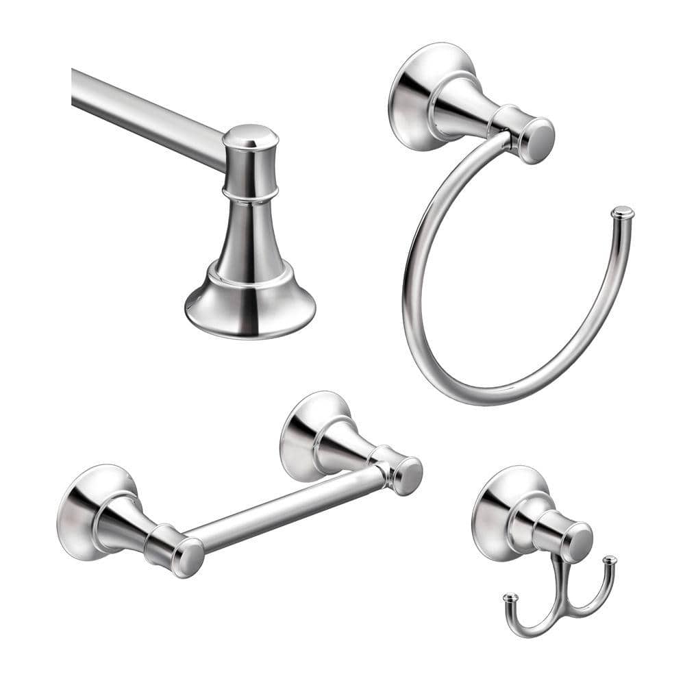 Moen Ashville 4 Piece Bath Hardware Set With 24 In Towel Bar Paper Holder Towel Ring And Robe Hook In Chrome Ashvillech4pc24 The Home Depot