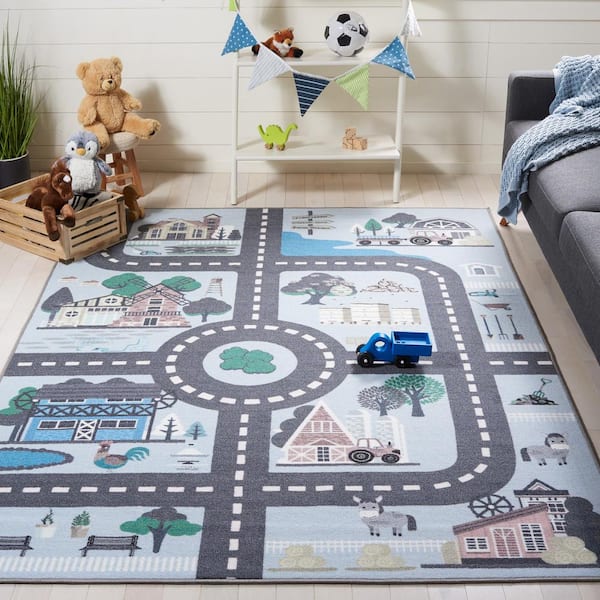 Kids Playhouse 3 ft. x 3 ft. Square Blue/Dark Gray Neighborhood Roads Area Rug