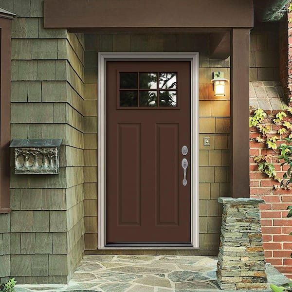 32 in. x 80 in. 6 Lite Craftsman Dark Chocolate Painted Steel Prehung Left-Hand Inswing Front Door w/Brickmould