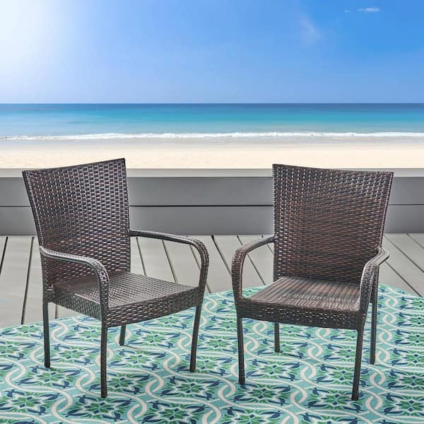 ITOPFOX PE Wicker Outdoor Stacking Dining Chair in Brown Set of 2
