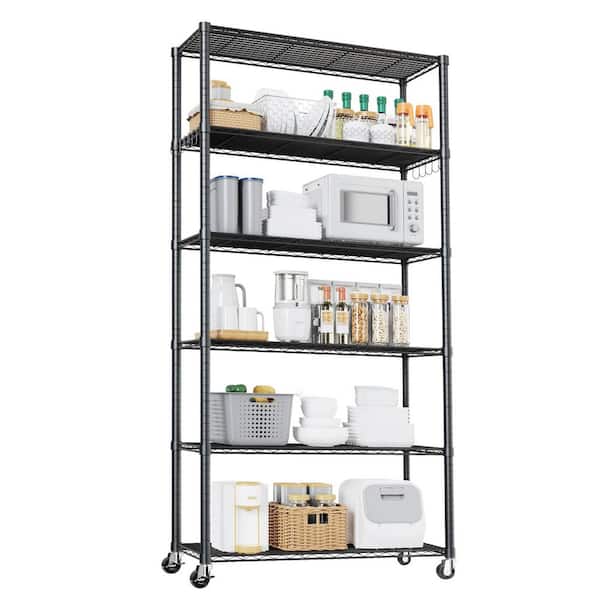 6-Tier Collapsible Storage Shelves for Garage Kitchen Room Folding Pantry Shelves Wire Shelving in Black