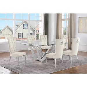 Rae 7-Piece Rectangular Glass Top Stainless Steel Base Dining Set With 6 Cream Velvet Chairs