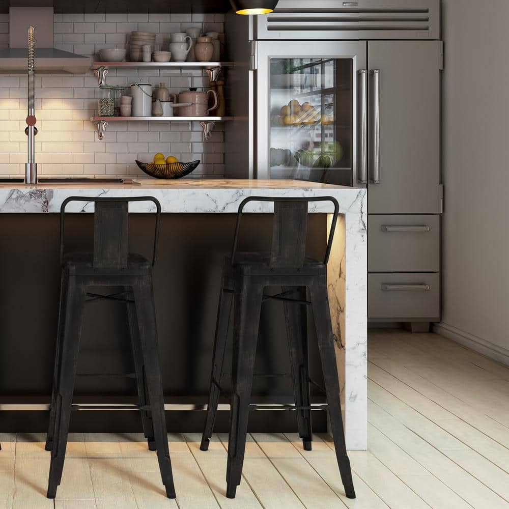 Rayne Industrial 30" Distressed Black Metal Bar Stool - Set of 2
