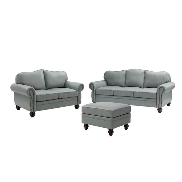 JAYDEN CREATION Sara 5-Piece Sage Genuine Leather Living Room Set with Nailhead Trims