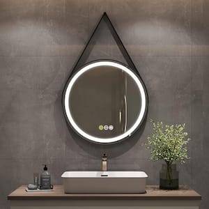 24 in. W x 24 in. H Round Aluminum Framed Antifog 3-Color Dimmable LED Lighted Wall Hanging Bathroom Vanity Mirror Black