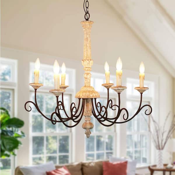 6 Light Distressed White Farmhouse, Distressed White Candle Chandelier