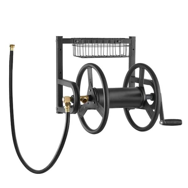Wall-Mounted Hose Reel : 125 ft. Heavy-Duty Storage with Brass Fittings and Tool Basket