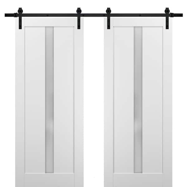 Sartodoors 30 in. x 96 in. 2 Panel Frosted Glass White Solid Wood Sliding Barn Door with Hardware Kit