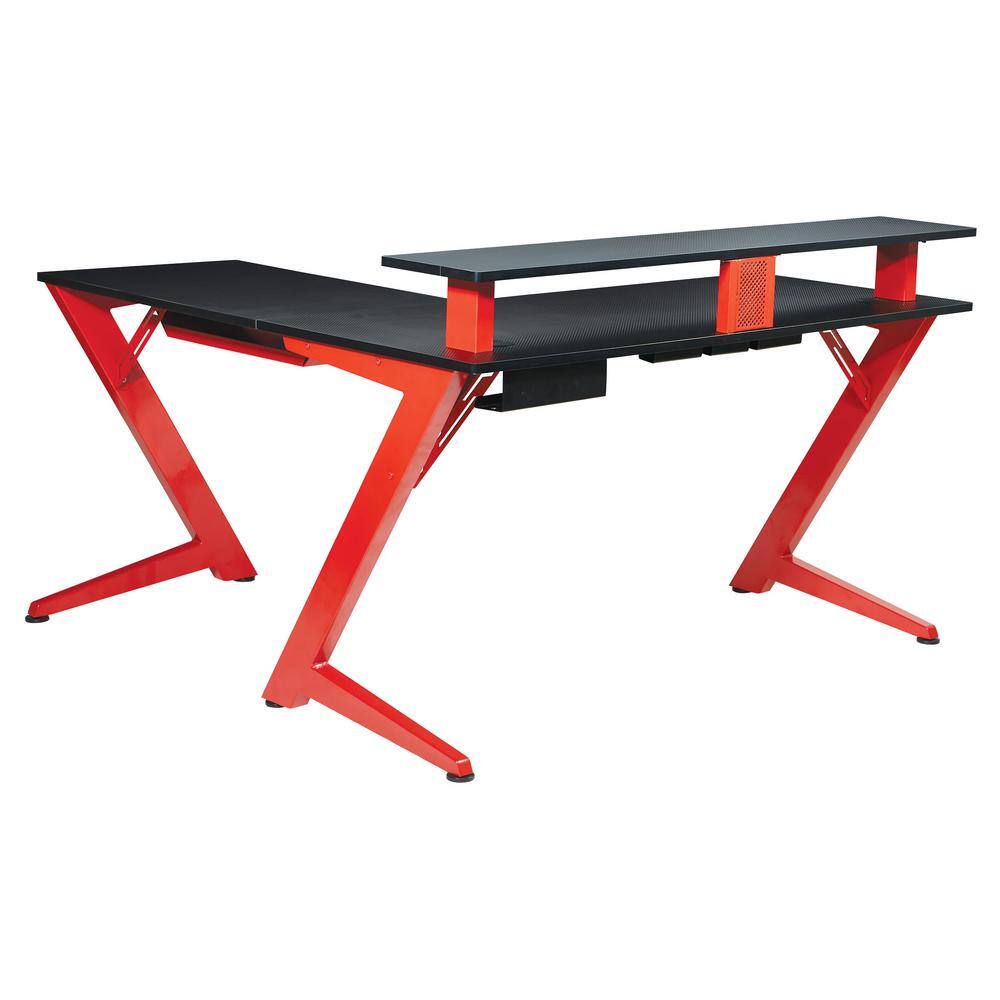 Black L-Shape Gaming Desk with Integrated Power Outlet, USB, and Headphone Hook