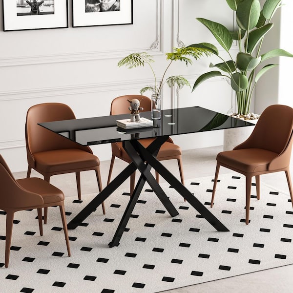 51.18 in. Rectangular Clear Tempered Glass Table with Black Metal Cross Legs Dining Table, Seating Capacity 4-6 people