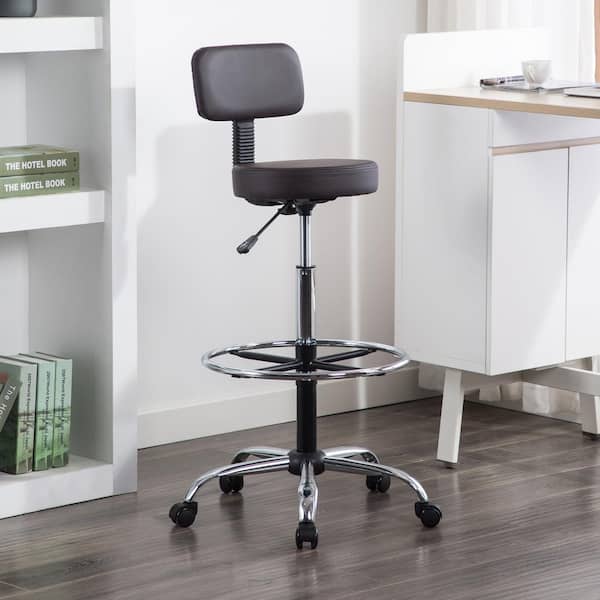 HOMESTOCK Dark BrownFaux Leather Drafting Stool for Office Studio Adjustable Height with Backrest and Rolling Wheels 85502W The Home Depot