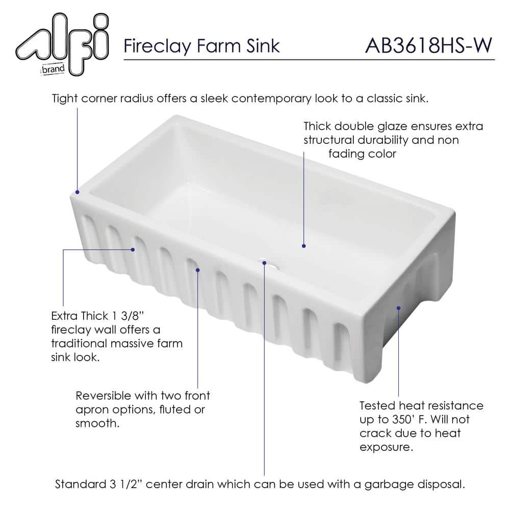 36'' White Fireclay Single Bowl Farmhouse Sink