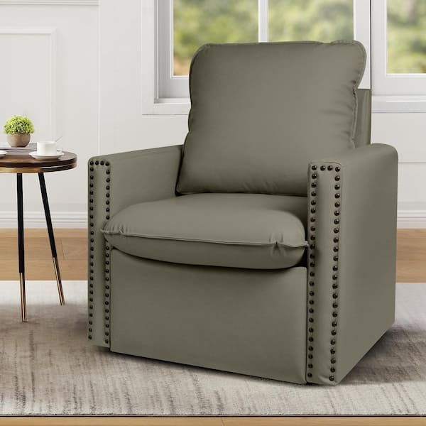 JEAREY Grey Vegan Leather 360° Swivel Nailhead Trim Accent Arm Chair with Cushion