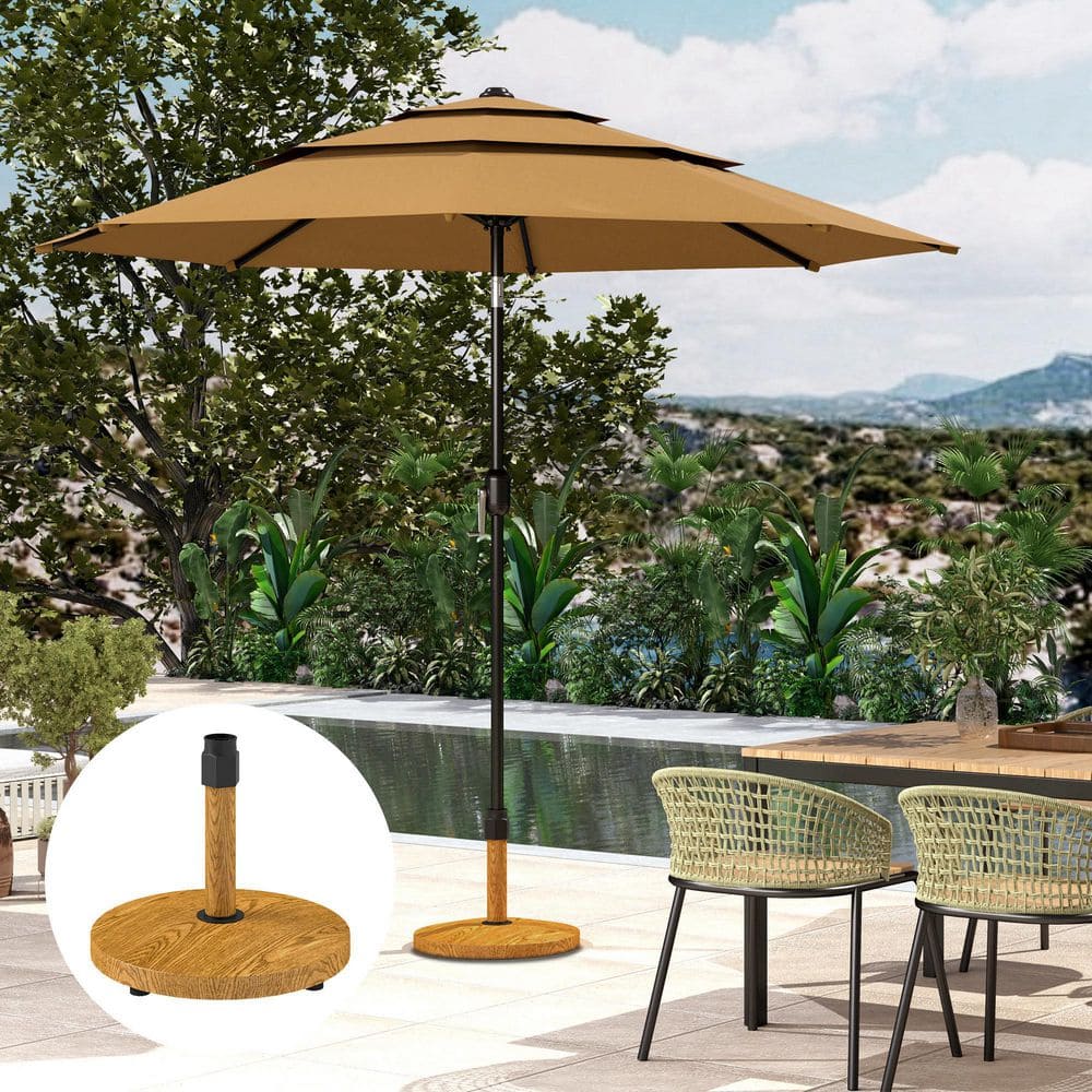 Natural Wood and Concrete Patio Umbrella Base with Wheels