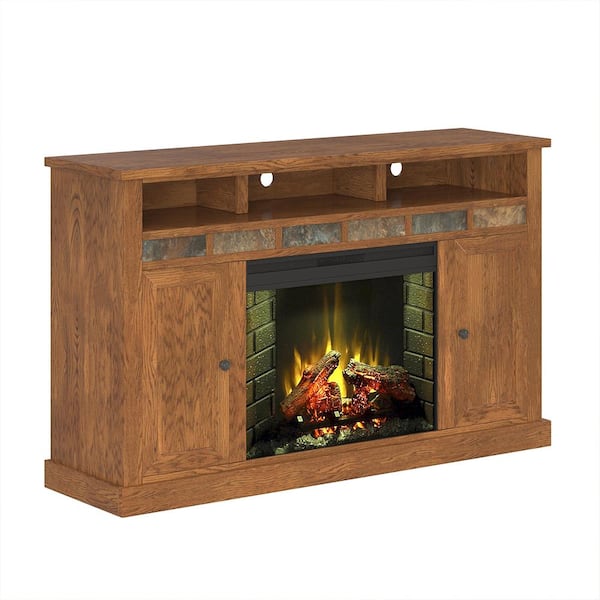 Bridgevine Home 62 in. Fully Assembled Oak TV Stand with Electric Fireplace, Fits TV's up to 65 in.