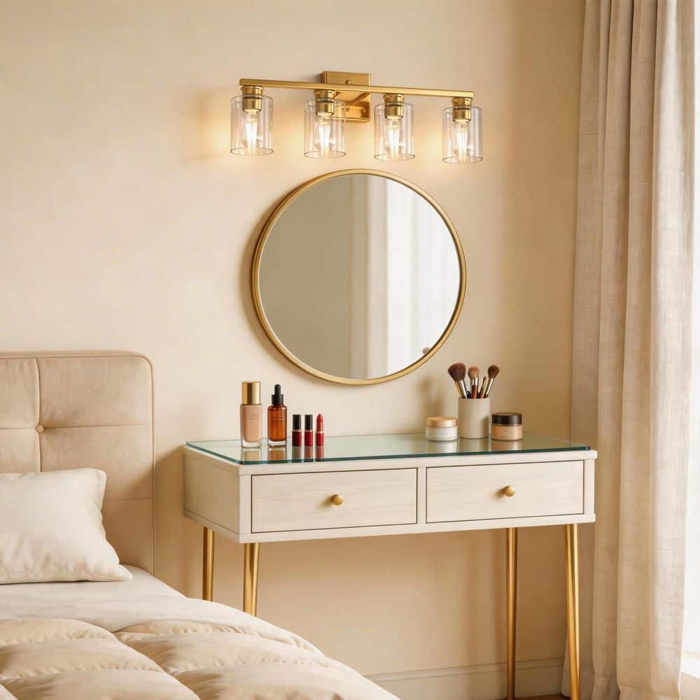 25 in. 4-Light Gold Modern Cylinder Vanity Light with Straight Arms and Clear Glass Shades for Bathroom or Bedroom price history on PriceWatchPro