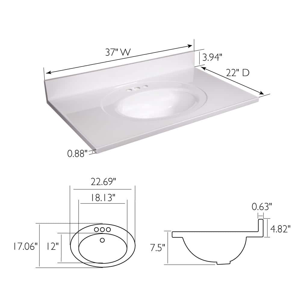 Solid White 37-Inch Cultured Marble Vanity Top with Integrated Sink
