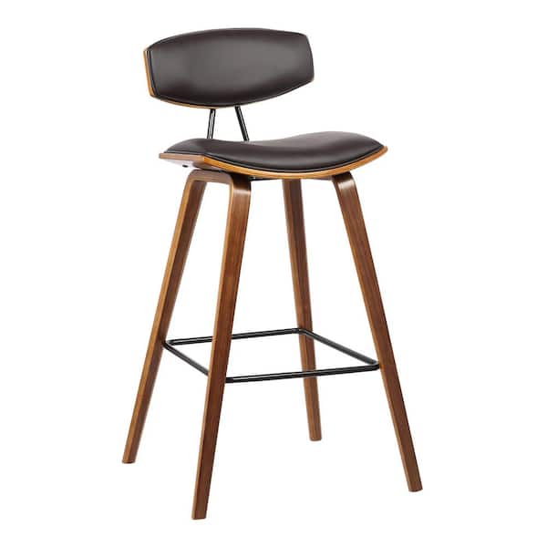 Armen Living Fox 28.5 in. Mid-Century Bar Height Bar Stool in Brown Faux Leather with Walnut Wood
