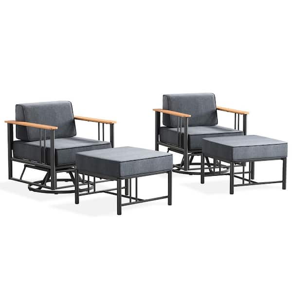 Minimalism 4-Piece Black Patio Metal Outdoor Conversation Set with Swivel Rocking Chair and Dark Gray Cushions