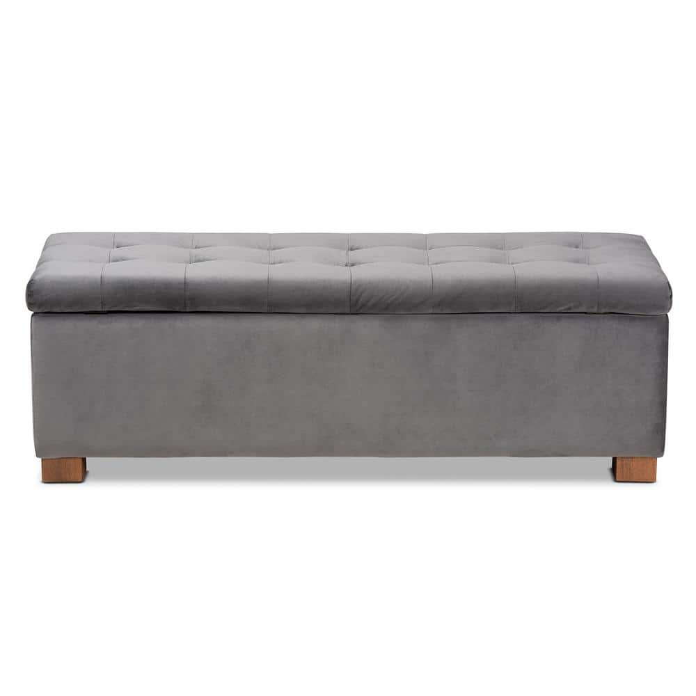 Gray Velvet Upholstered Grid Tufted Storage Ottoman Bench
