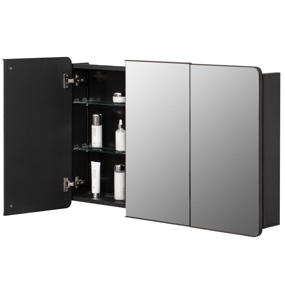 Matte Black Aluminum 3-Door Medicine Cabinet with Adjustable Glass Shelves