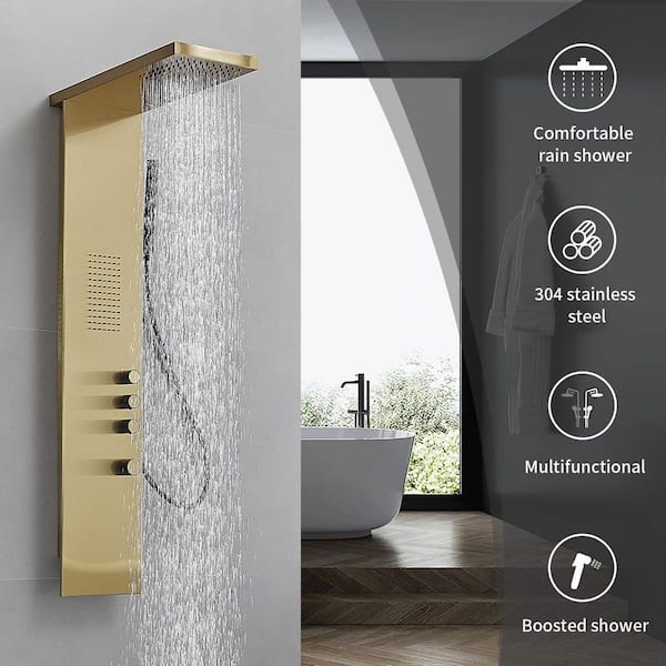 3-in-1 1-Jet Wall-Mounted Stainless Steel Shower Panel System with Rainfall Head in Brushed Gold