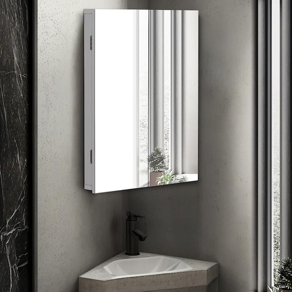 17.8 in. W x 23.5 in. H Rectangular Double Door Corner Surface Mount Frameless Medicine Cabinet with Mirror in White