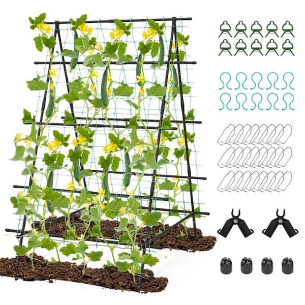 ITOPFOX 59 in. A-Frame Stable Structure Tall Garden Trellis with Netting for Climbing Plants Flower Vine Vegetable Fruit Pea