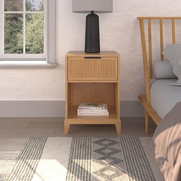 1-Drawer Natural Pine Solid Wood Transitional Reeded Nightstand with Cubby