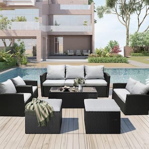 7-Piece Wicker Conversation Set with Gray Cushions