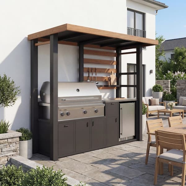 Outdoor Kitchen Natural Gas Galvanized Steel Modular Grill Island with Stainless Steel Counter and Fridge Cabinet, Black