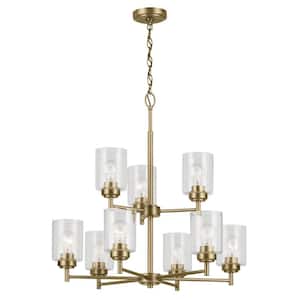 Winslow 27 in. 9-Light Natural Brass 2-Tier Contemporary Shaded Cylinder Chandelier for Dining Room