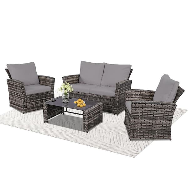 Sudzendf Gray 4-Piece Wicker Patio Conversation Set with Gray Cushion Ideal for Garden, Porch, Backyard