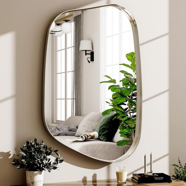 XRAMFY Silver 24 in. W x 36 in. H Irregular Modern Aluminum Alloy Deep Framed Vanity Mirror Wall Mirror