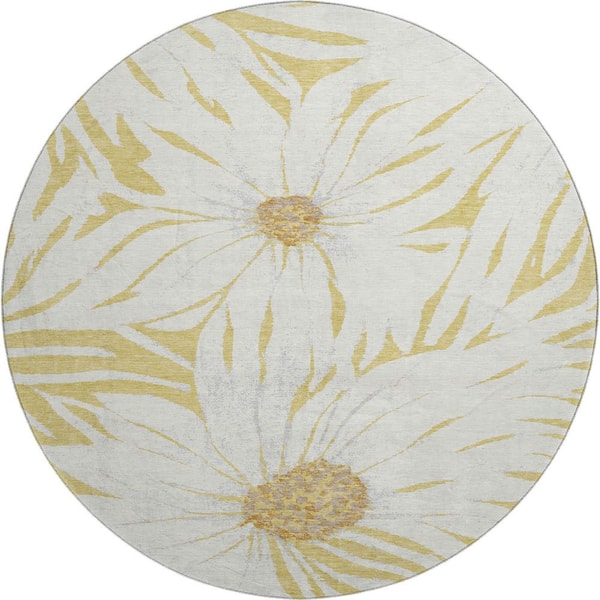 Mayfield Premium Machine Washable Abstract AMF2263 Gold 8 ft. x 8 ft. Round Rug