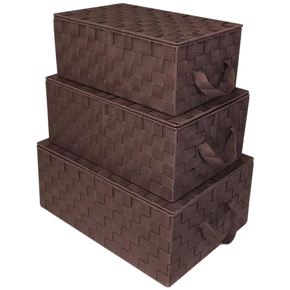 Storage Baskets with Lid, Brown 12.5 in. x 6 in. Plastic Decorative Basket Set of 3, Woven Mesh Linen Closet Organizer