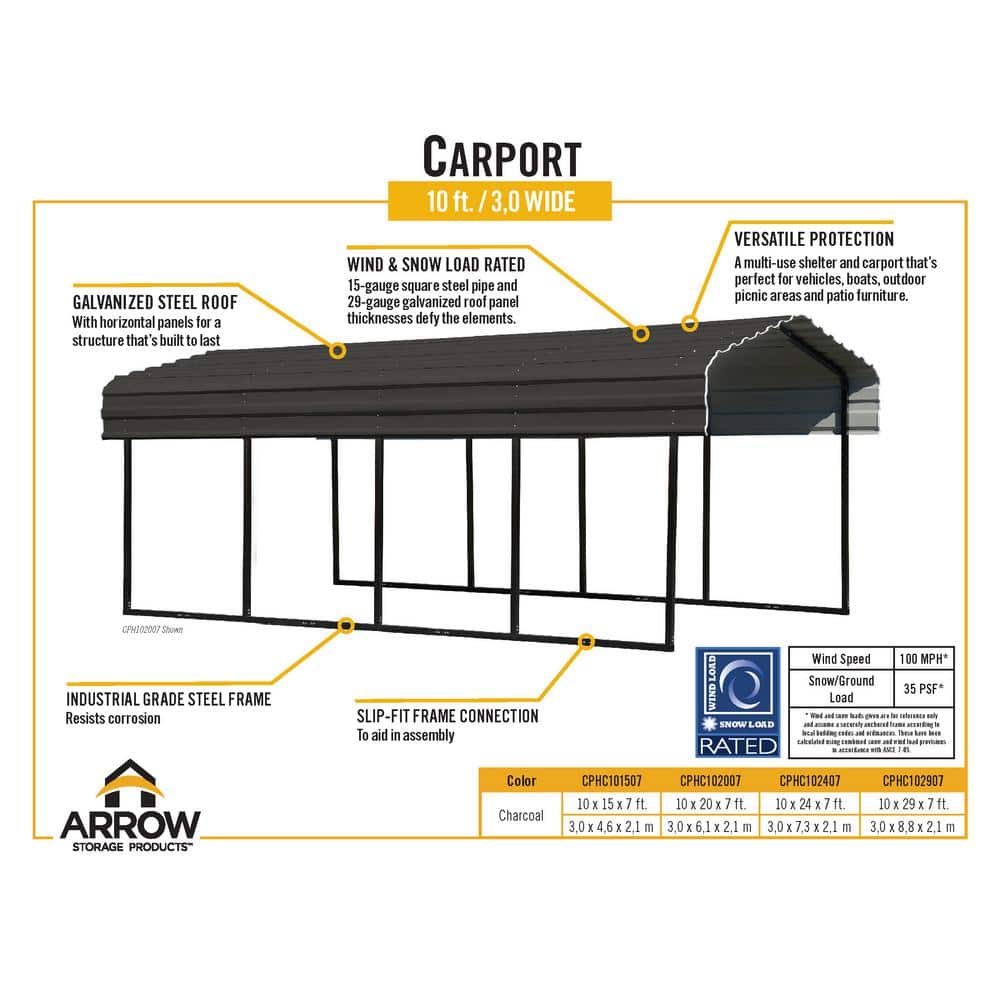 10 ft. x 15 ft. Charcoal Galvanized Steel Carport Canopy