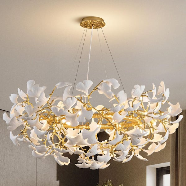 47in. 16-Light Gold Chandelier, Luxury Ginkgo Branch Chandelier for Living Room, Dining Room, Foyer, Kitchen Island