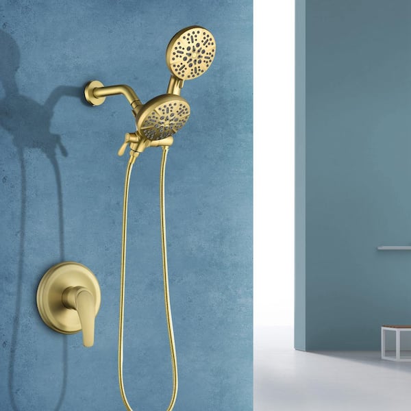 Single-Handle 7-Spray Patterns with 1.75 GPM 4.72 in. Wall Mount Handheld Shower Head in Brushed Gold (Valve Included)