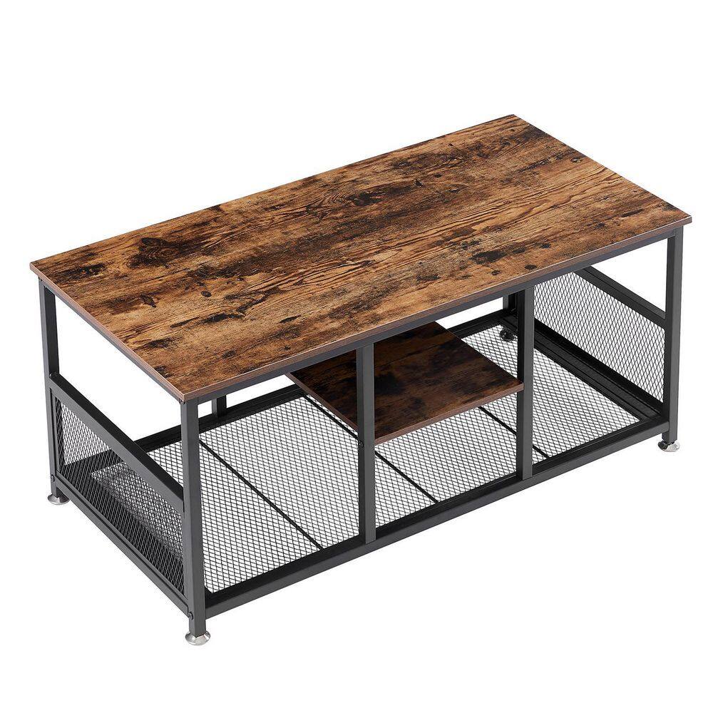 VECELO Coffee Table with Storage Living Room, Modern and Industrial Mesh Shelf, 39.4 in., Brown ...