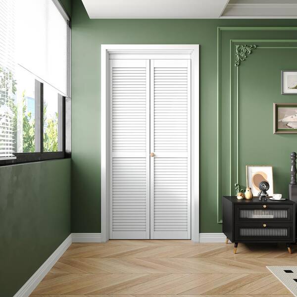 Kimberly Bay 28 in. x 80 in. Plantation Louvered Solid Core White Wood Interior Closet Bi-Fold Door