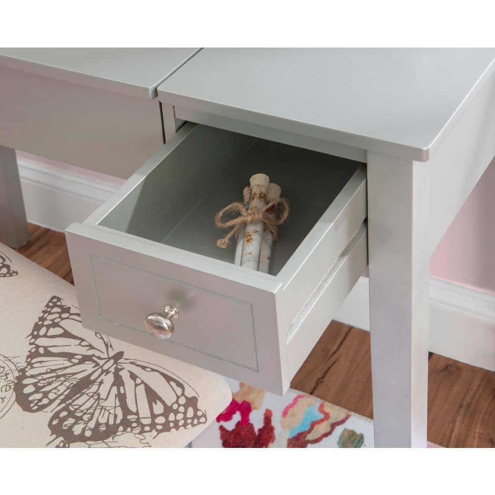 Silver Butterfly 39" Vanity Set with Padded Stool and Flip Top Mirror