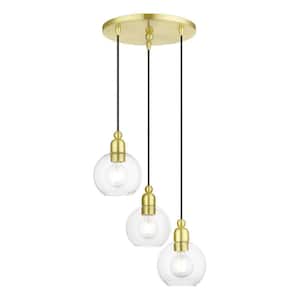 Downtown 3-Light Satin Brass Multi-Pendant with Clear Sphere Glass