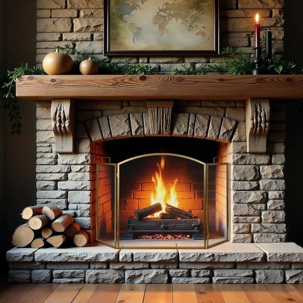 ENNA 3 Fold Matte Gold Arch Top Fireplace Screen S2538MG - The