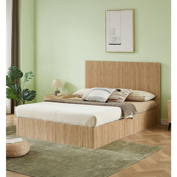 Duncan Beige Wood Frame Queen Size Platform Bed with Hydraulic Lift Up Storage, Wooden Corrugated Curved Lines, Oak