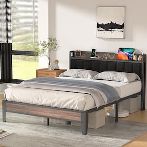 Modern Black Queen Upholstered Linen Platform Bed Frame with Charging Station and Storage Headboard