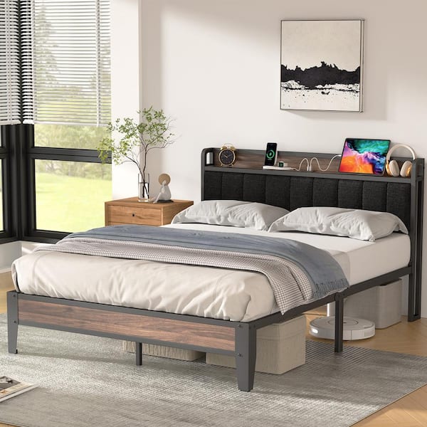 Lusimo Modern Black Queen Upholstered Linen Platform Bed Frame with Charging Station and Storage Headboard